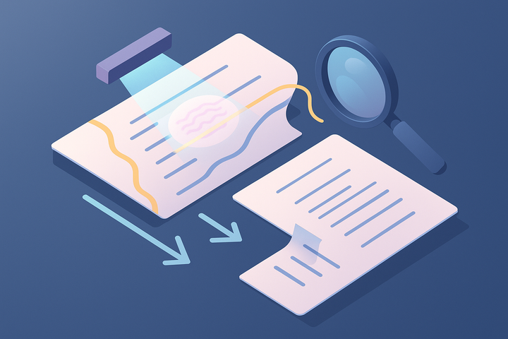 Isometric flat illustration of a document with a hidden watermark layer revealed by a scanning light, with a magnifying glass over paragraphs of text.