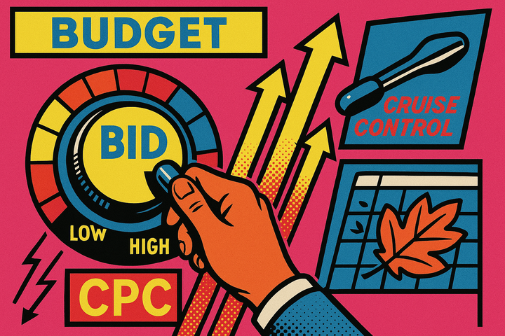 Pop art illustration of a Google Ads bidding dial being cranked from 5 dollars to 10 dollars beside an August 17 calendar page and rising cost arrows.
