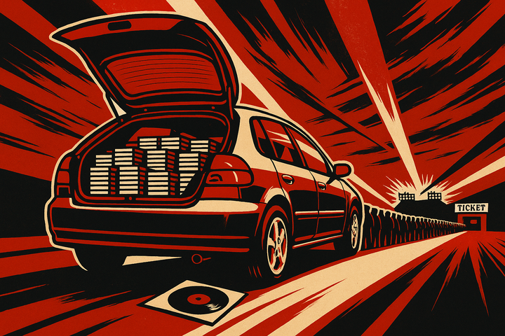 Propaganda-poster illustration of an early-2000s Honda Civic with its trunk open and stacked with CD boxes, a long queue of fans behind it and a ticket counter reading 248,007