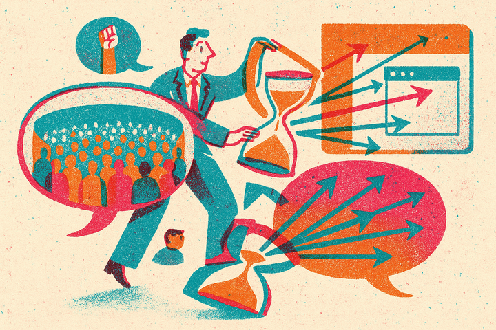 Risograph illustration of three social platform speech bubbles of different sizes, arrows leaving the smallest toward a browser window as a marketer splits an hourglass of time