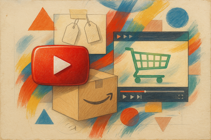 Mixed media collage of a YouTube play button, Amazon shipping box, product tag labels and a shopping cart over a video player, showing Amazon product tagging inside YouTube