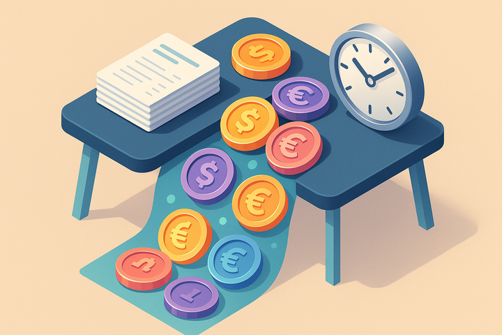 Isometric illustration of a marketing budget splitting into three streams: a small invoice stack, a pile of overage credit tokens, and a clock showing review hours