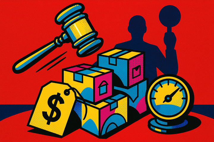 Pop art illustration of an auction gavel striking shipping boxes, a hidden FIRST PRICE tag behind a SECOND PRICE label, and a CPC-to-bid dial near 0.9