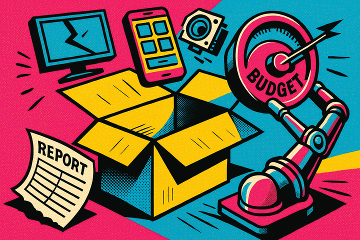 Pop art illustration of a giant Amazon-style cardboard box swallowing TV, phone and speaker icons while a robotic arm turns a budget dial over a blank ROAS report