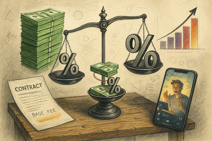 Mixed-media collage of a three-way balance scale weighing cash, a percent sign, and a base fee plus commission, with a creator contract and 30-day sales chart