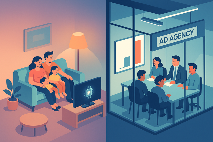 Isometric illustration of a calm family watching a TV ad beside a glass conference room of anxious media buyers staring at a chart comparing a 48 percent bar to a 10 percent bar