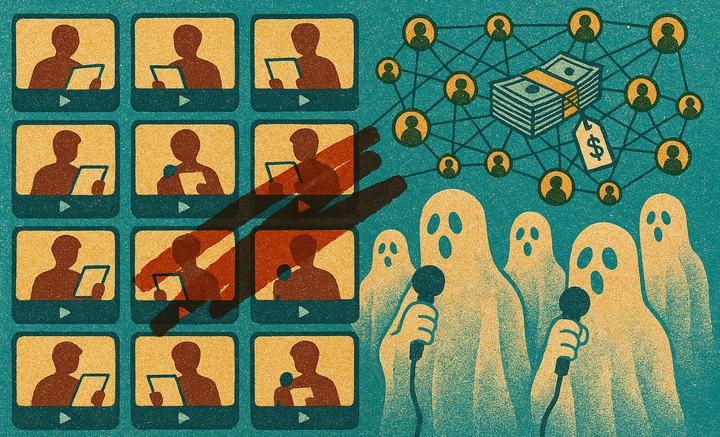 Risograph illustration of identical video thumbnails with anonymous presenters reading scripts, a red termination stamp, ghosts holding microphones, and linked accounts around cash