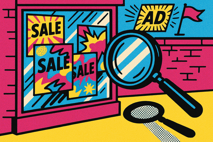 Pop art storefront window covered in faded 20% OFF and BOGO sale posters, a magnifying glass scanning them, and a Google search ad card above copying the discount text