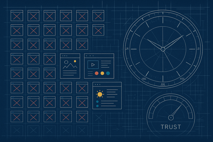 Blueprint diagram of a grid of identical template web pages marked for deletion beside a few original pages, with a trust gauge stuck low and a clock marked in months