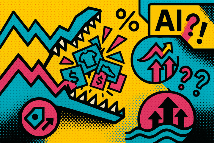 Pop-art illustration of a crocodile jaw formed by two diverging chart lines: Shopping ad impressions falling while click-through rate rises under AI Overviews