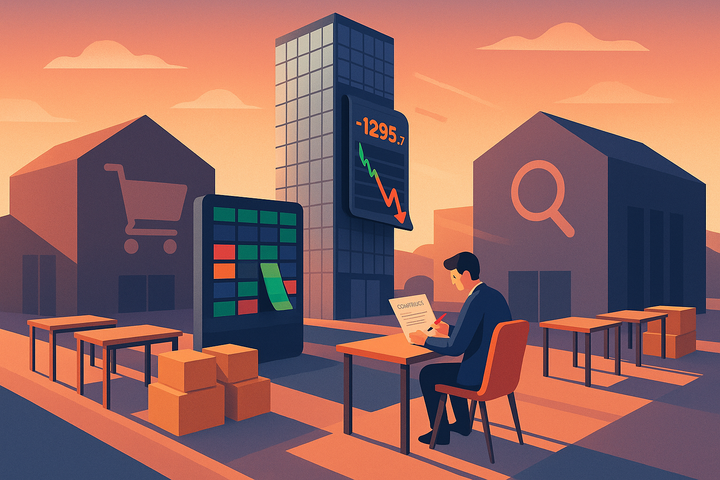 Isometric flat illustration of a glass office tower with a falling stock ticker, empty desks with moving boxes, and a media buyer marking up a DSP contract with a red pen
