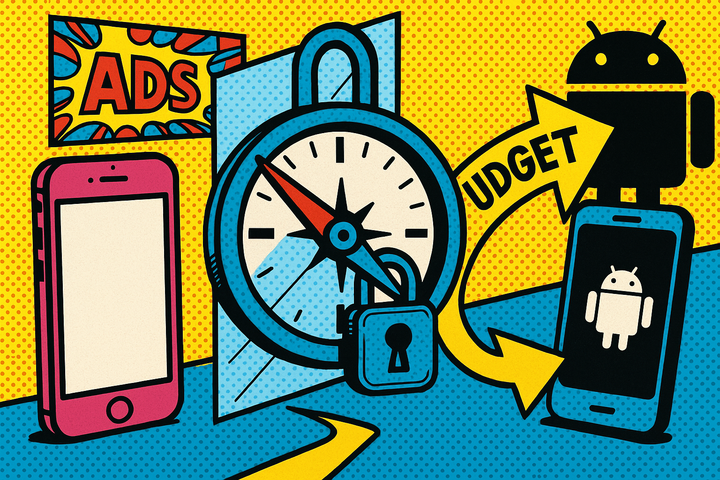 Pop art illustration of a padlocked Safari compass and an iPhone with an empty ad slot, showing iOS 27 blocking The Trade Desk ads