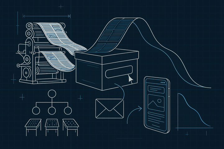 Blueprint-style illustration of a newspaper printing press feeding pages into a sealed search box while a smaller stream flows to an email inbox and phone app