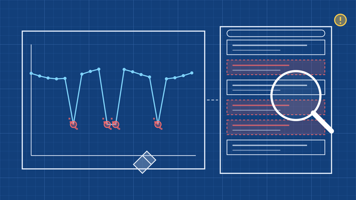 Blueprint illustration of a rank tracking chart with sudden red-flagged drops beside a Google results page where swapped listings are highlighted under a magnifying glass