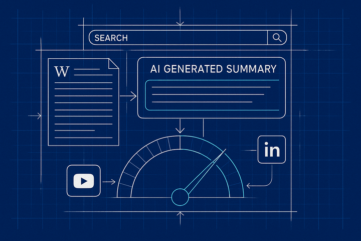 Blueprint illustration of a Google results page where an AI Overview box sits above a brand homepage listing, fed by Wikipedia, YouTube and LinkedIn sources