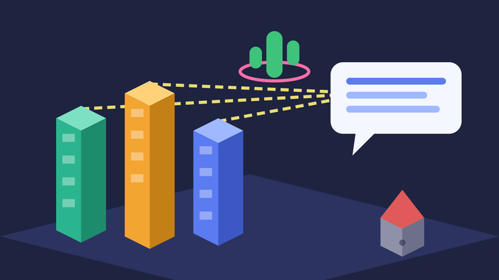 Isometric illustration of three platform towers beaming citations to an AI answer bubble, a floating cactus with a gravity ring, and a small isolated blog house with no beam