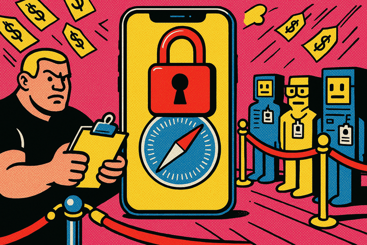 Pop art iPhone with a red padlock over the Safari icon while a velvet rope blocks ad tech data servers, illustrating Apple iOS 27 blocking programmatic data vendors