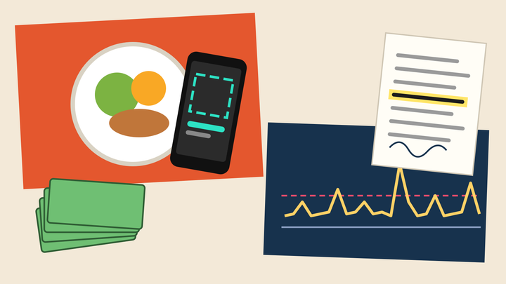 Collage of a phone scanning a plate of food, a stack of cash, a download chart spiking above a dashed floor line, and a contract with one highlighted clause