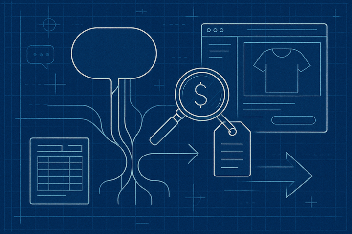 Blueprint illustration of a ChatGPT chat bubble branching into search queries, a magnifying glass over a price tag, a spec sheet table and an arrow to a brand storefront