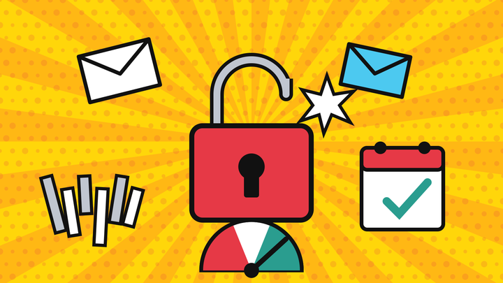 Pop-art illustration of an open red padlock releasing email envelopes, shredded hash strips, a checked calendar and an audience gauge swinging toward green