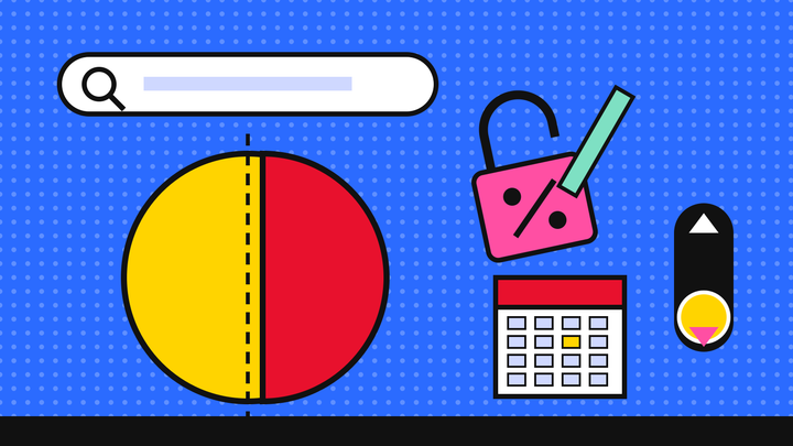 Pop-art illustration of a search bar above a budget pie chart split in half, a pried-open padlock marked with a percent sign, a calendar and a high/low switch