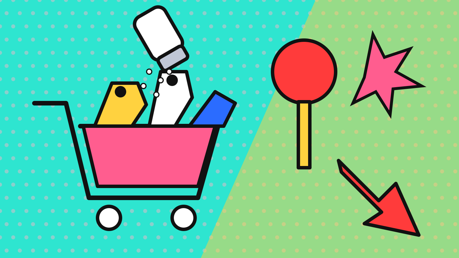 Pop art illustration of a salt shaker pouring over a shopping cart full of price tags, next to a red bidding paddle and a falling red arrow for Google Ads Black Friday ROAS