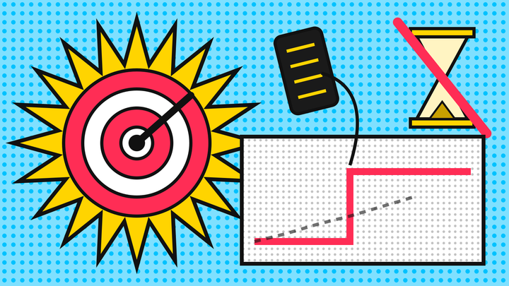 Pop art illustration of a bullseye target dial, a throttle pedal wired to a chart where the CPA line jumps in one step, and a crossed-out hourglass about Google Ads learning
