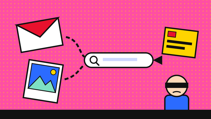 Pop-art illustration of an email envelope and a photo print feeding into a search bar, with an ad card beside it and a blindfolded advertiser below
