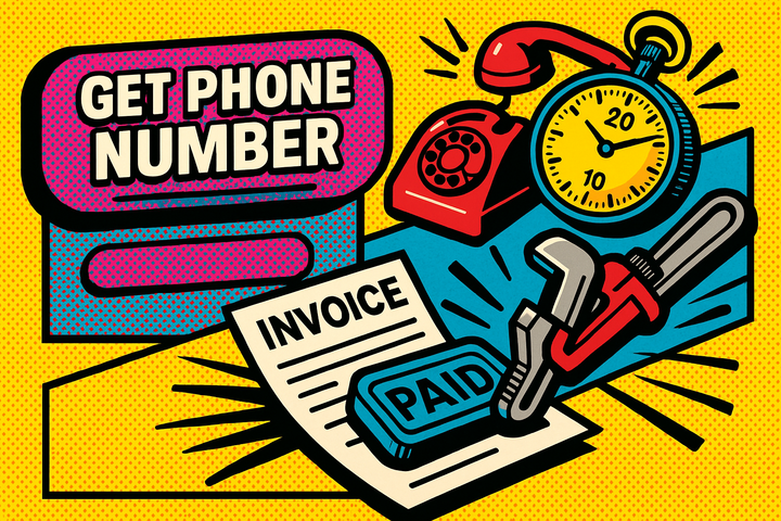 Pop art illustration of a large Get Phone Number button covering a contractor phone number on a Google Local Services ad, beside a ringing phone and stopwatch
