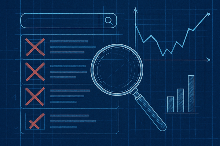 Blueprint-style illustration of a Google search results page with crossed-out listings and a rank tracking chart that dips and rebounds