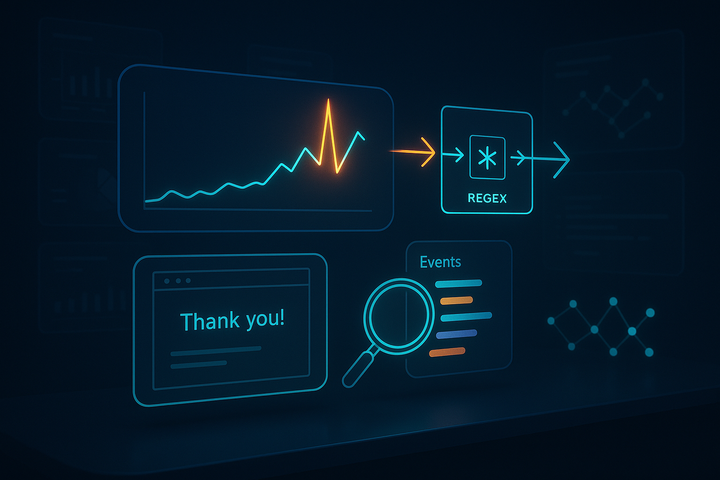 Dark analytics dashboard where a Google Tag Manager conversion line chart doubles after a marked date as a wildcard trigger splits into duplicate tag fires
