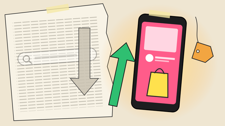 Collage of a torn newspaper with a faded search bar and downward arrow beside a glowing phone showing a shopping bag, a green upward arrow, and a price tag