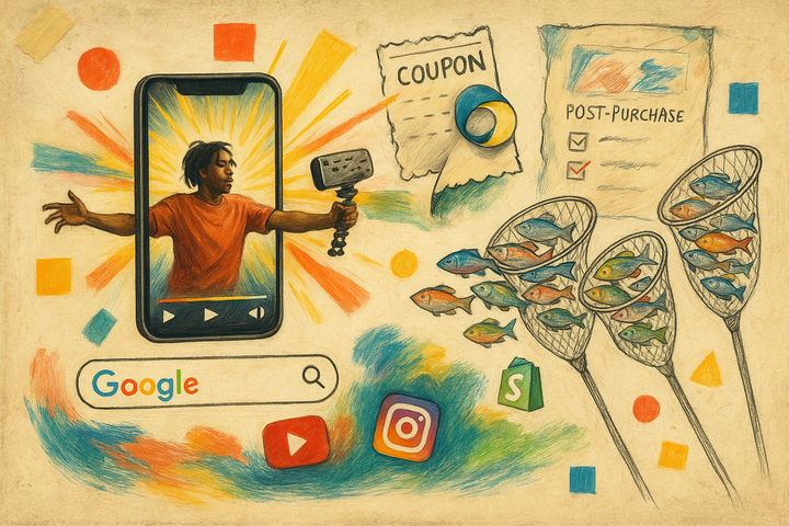 Mixed media collage of a phone playing a creator video, a torn promo code coupon, a brand search bar, and a how-did-you-hear-about-us survey card for influencer ROI