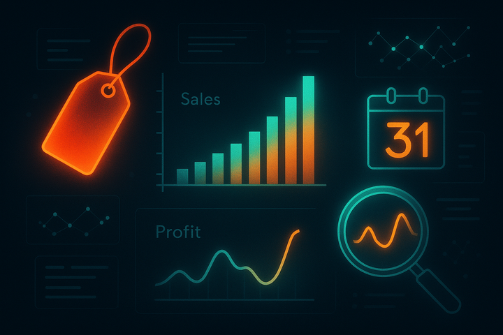 Dark data visualization of a red 20% off price tag beside a bar chart with one small incremental sales bar and a profit line dipping after a promotion spike