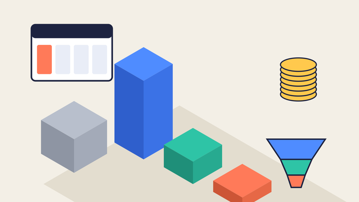 Isometric illustration of a grey fixed-cost block beside three budget towers sized 70, 20 and 10, a stack of gold coins, a funnel with a small bottom tier and a quarterly calendar