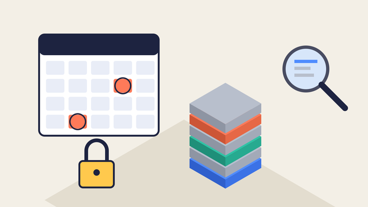 Isometric illustration of a renewal calendar with two circled dates, a padlock, a stack of software subscription blocks with half greyed out, and a magnifying glass