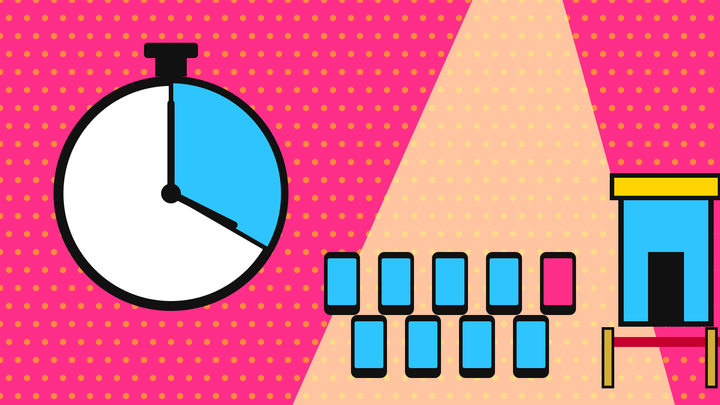 Pop-art illustration of a stopwatch with a highlighted time window, a spotlight over rows of phone screens, and a velvet rope blocking a rival storefront