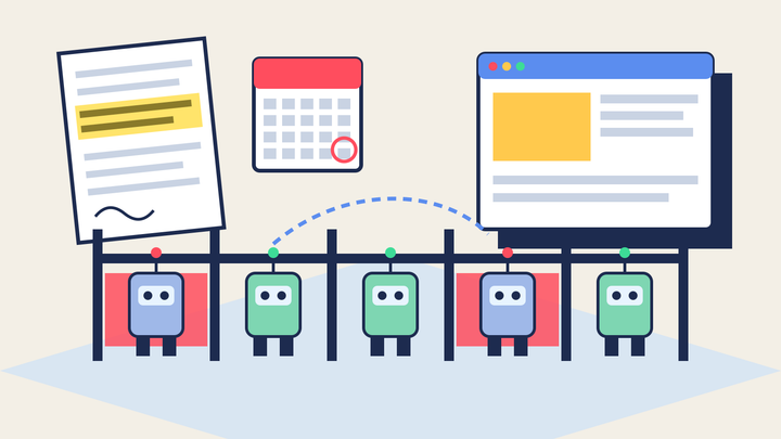 Flat illustration of five robot crawlers at a fence gate, two blocked in red, beside a contract clause, an October calendar and a business website