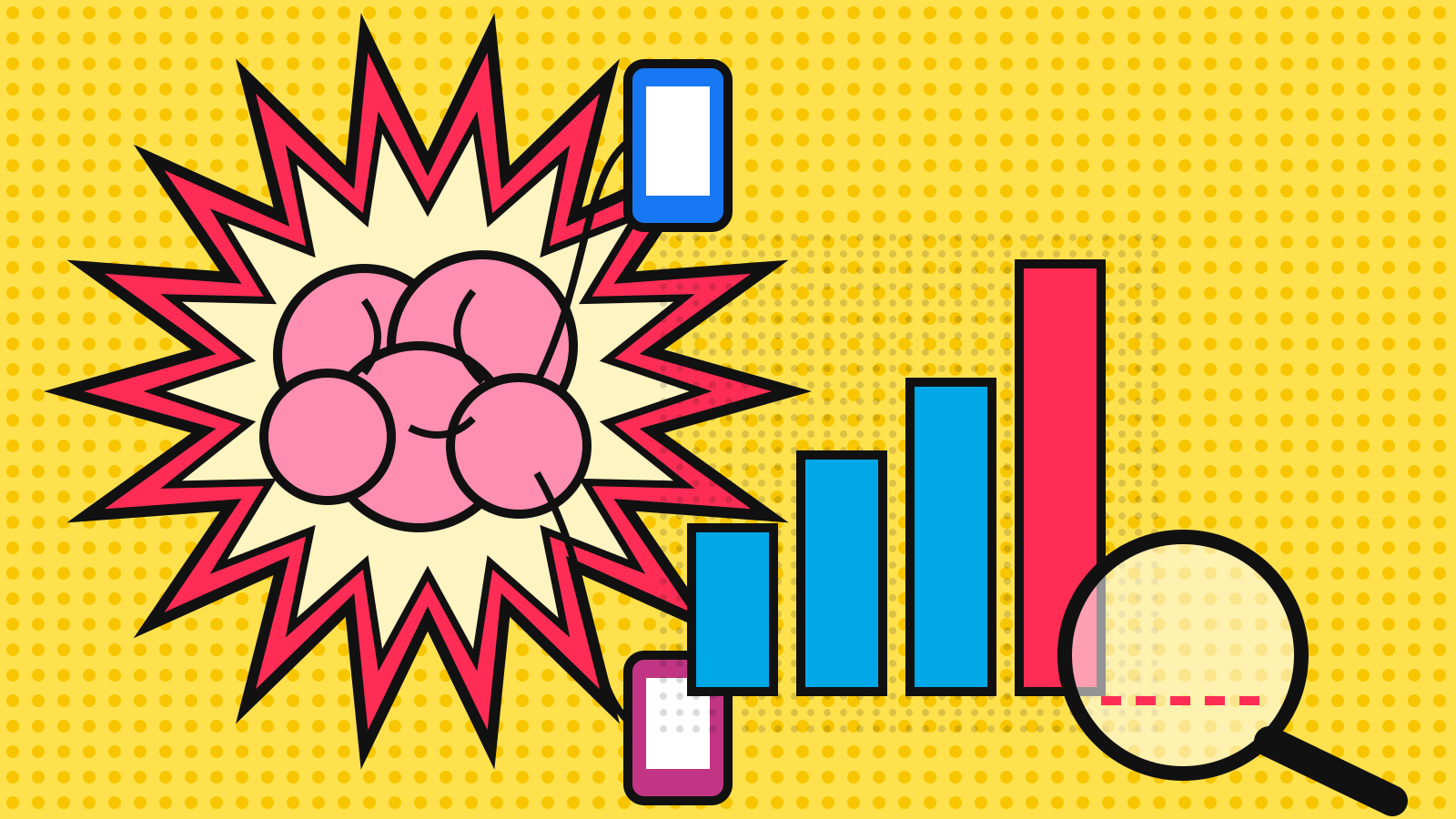 Pop art illustration of an AI brain wired to Facebook and Instagram phones beside a rising bar chart with no baseline under a magnifying glass, for Meta GEM ads model