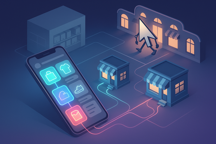 Isometric illustration of a phone showing six AI shopping product cards, four linked to two storefronts, with a large product catalog warehouse behind