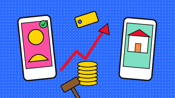 Pop-art illustration of a verified creator phone and a brand storefront phone flanking a rising red price arrow, a stack of gold coins and an auction gavel