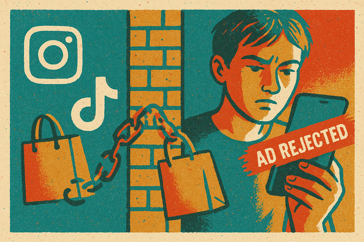Risograph illustration of Instagram and TikTok icons split by a brick wall, with a creator, shopping bag and broken link chain showing Meta blocking ads that link to TikTok