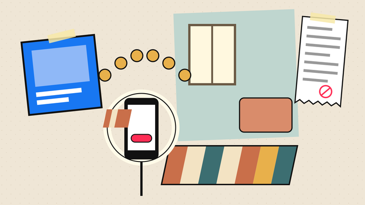 Mixed-media collage of a blue Meta-style ad tile sending coins toward a creator's ring light and phone, beside a striped area rug in a living room and a commission receipt