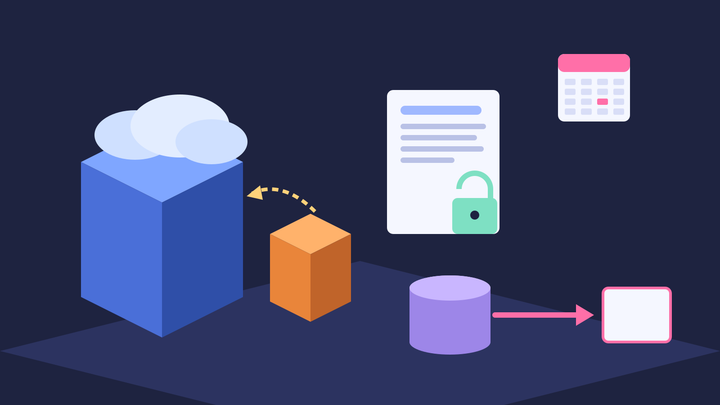 Isometric illustration of a large blue cloud-topped tower pulling in a smaller orange block, beside a contract with a padlock, a calendar and a database exporting data